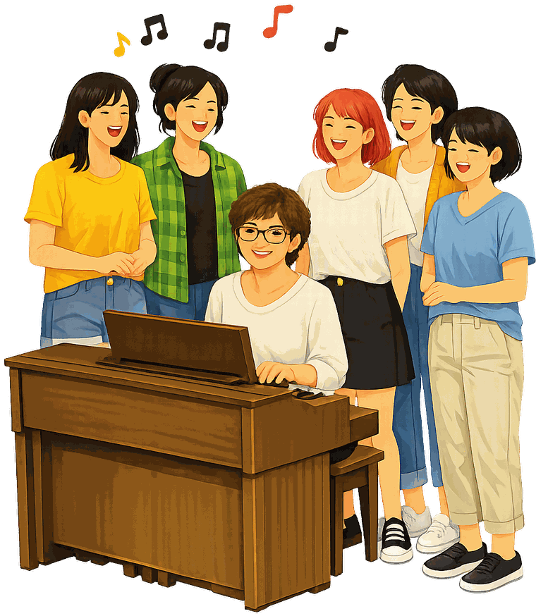 ピアノを囲んで笑顔で歌う女性たちのイラスト
